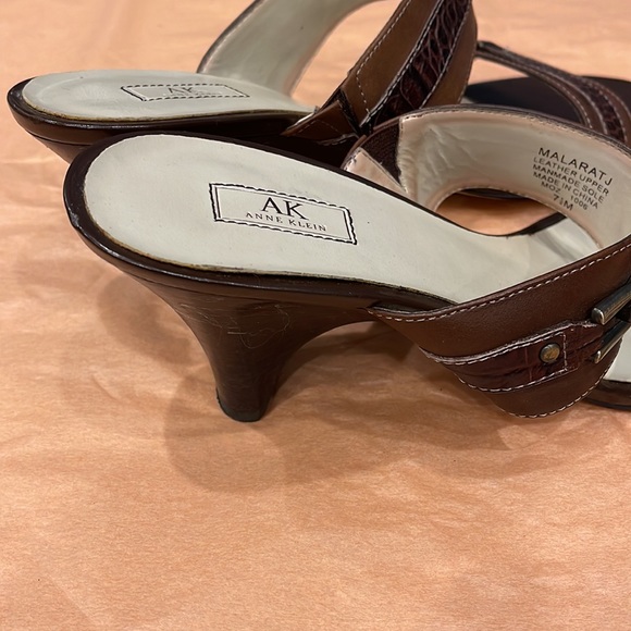 Anne Klein Brown High-Heeled Sandals | Slip-On Leather Kitty Heel - Picture 4 of 6